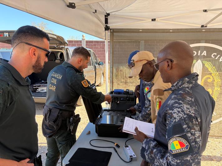 Senegalese participants practise operating drone and counter-drone systems with Guardia Civil instructors.