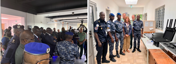 (left) Senegal’s Interior Minister visits the Coordination Centre of the exercise. (Right): Project partners hand over equipment to Senegalese counterparts.