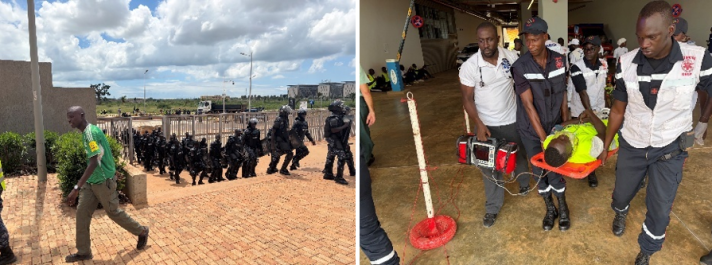 Exercise scenes including public order operations and emergency evacuation.