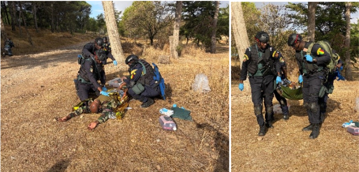 Medical response exercises combining classroom preparation with simulated casualty rescue and evacuation in the field.