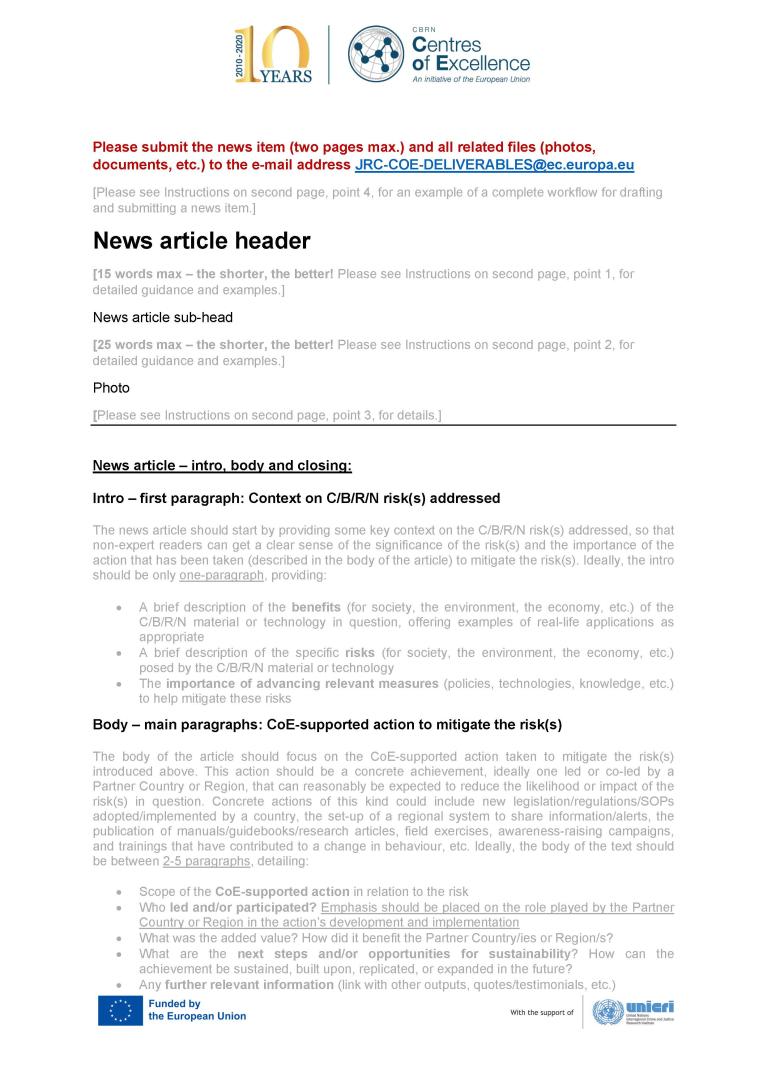 EU CBRN CoE - News article template public website